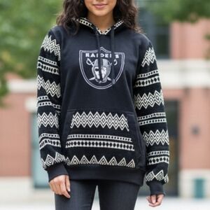 Raiders Unique Patterned Wool And Cotton Team Hoodie Size Medium Black & Silver